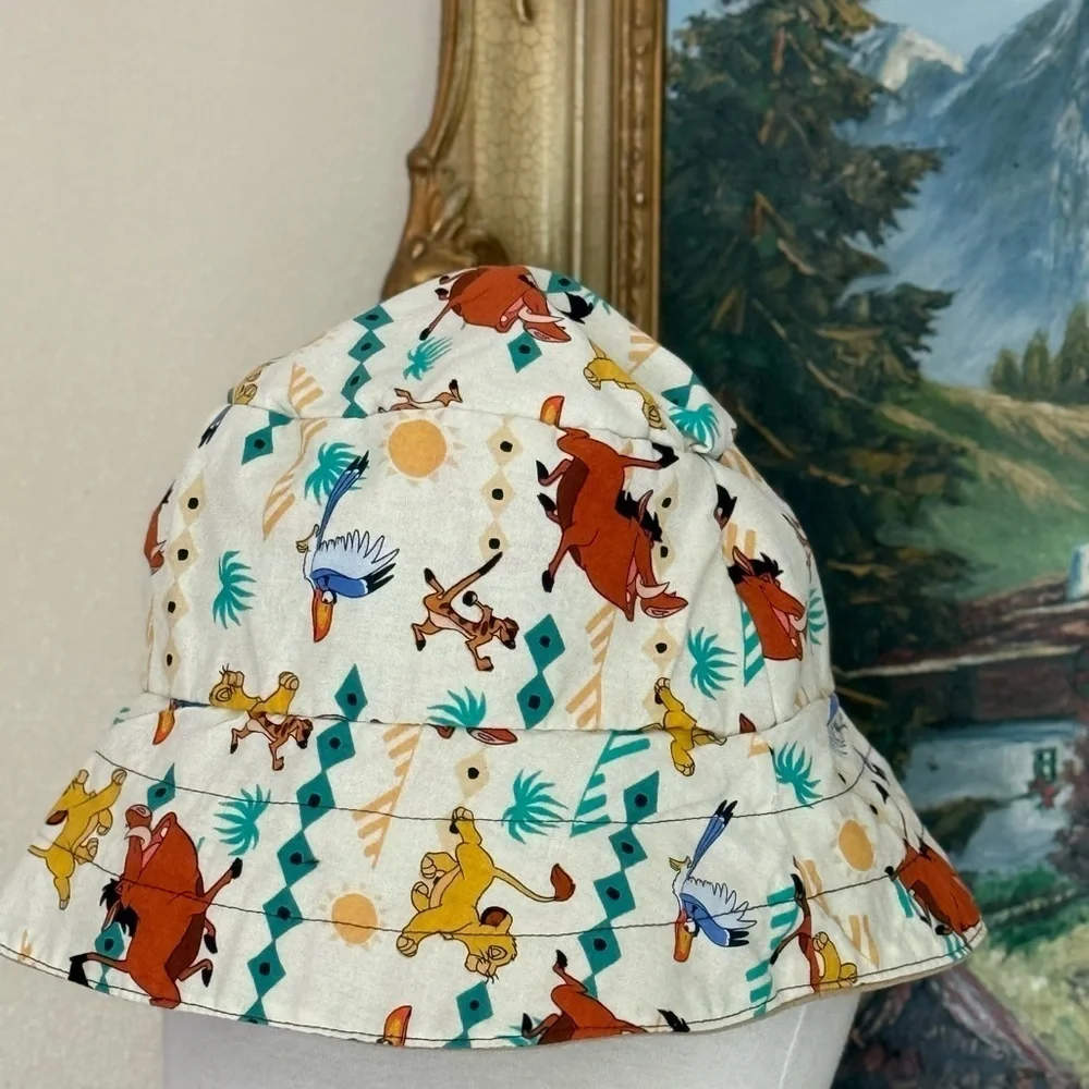 Vintage Handmade Cotton Beige Bucket Hat with Sock Monkey Print